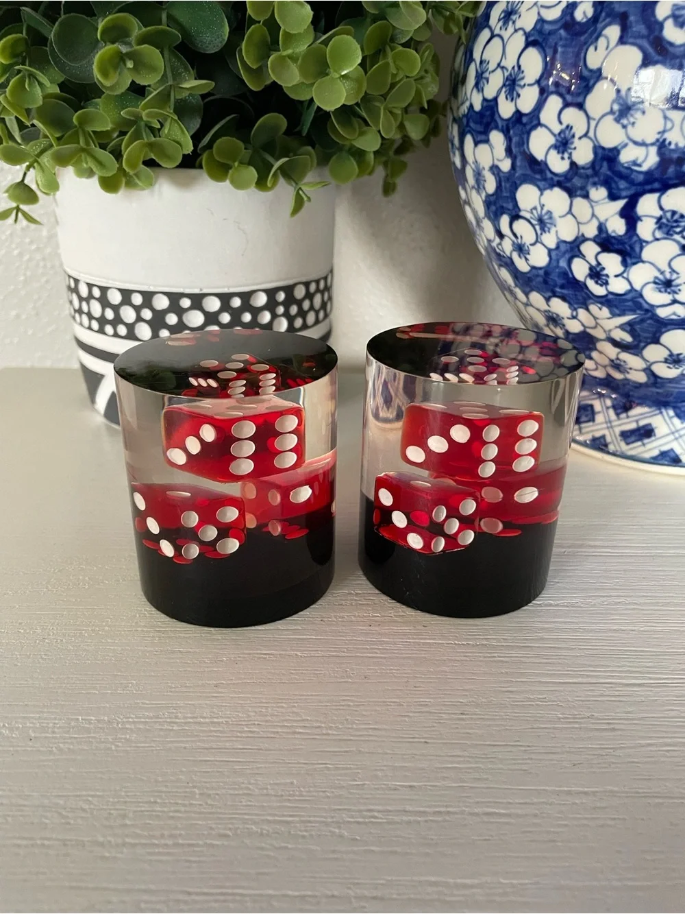 Vintage red and black casino dice Lucite/acrylic cylinder paperweight  set of 2